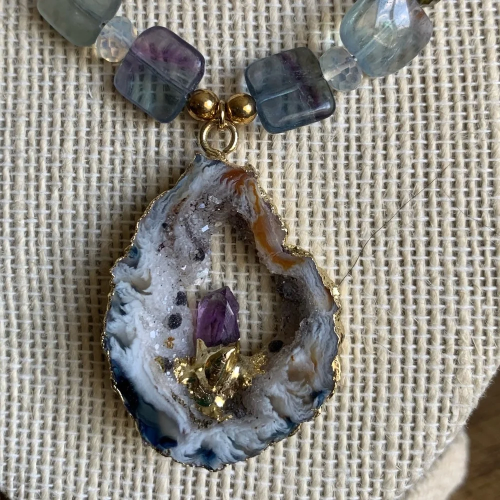 Handmade geode, amethyst, fluorite, & Swarovski crystal double strand necklace - Picture 4 of 8